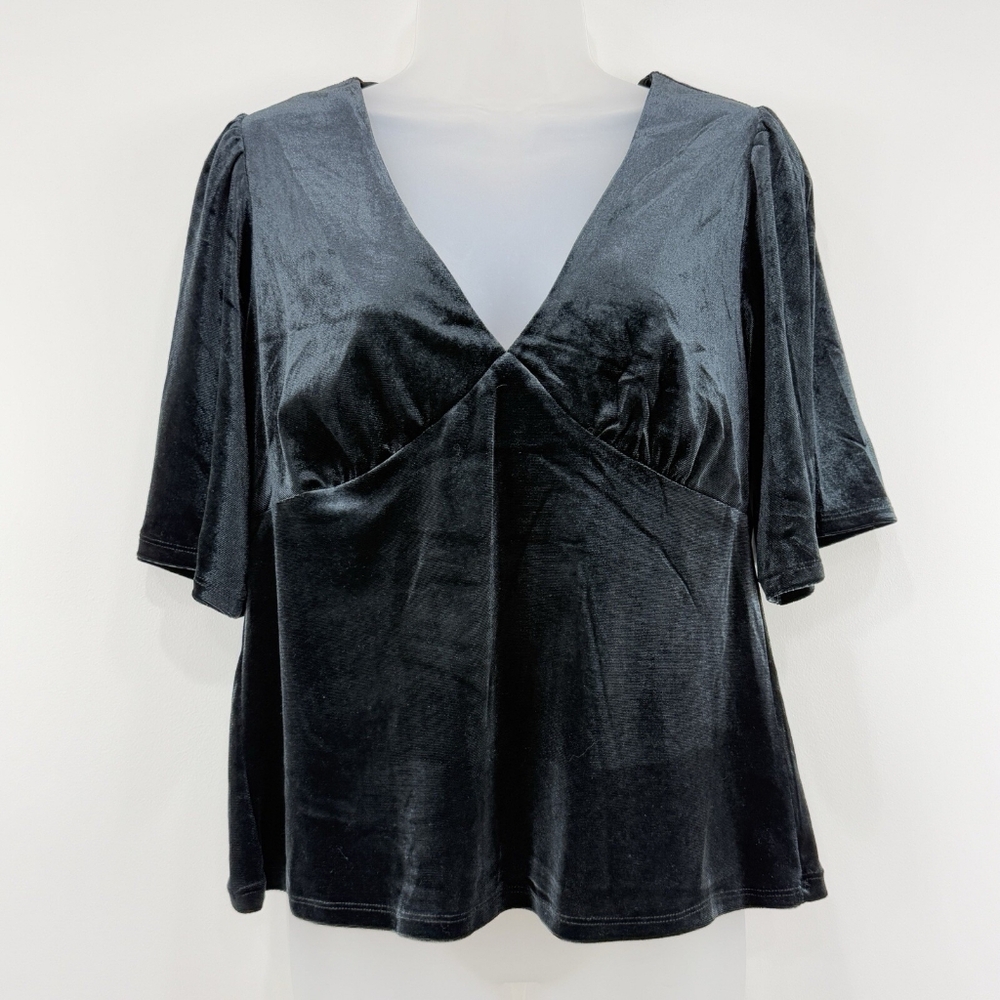 Knox Rose 1X Black Velvet Babydoll Top  Full Sleeves Stretch Goth Flirty NWOT